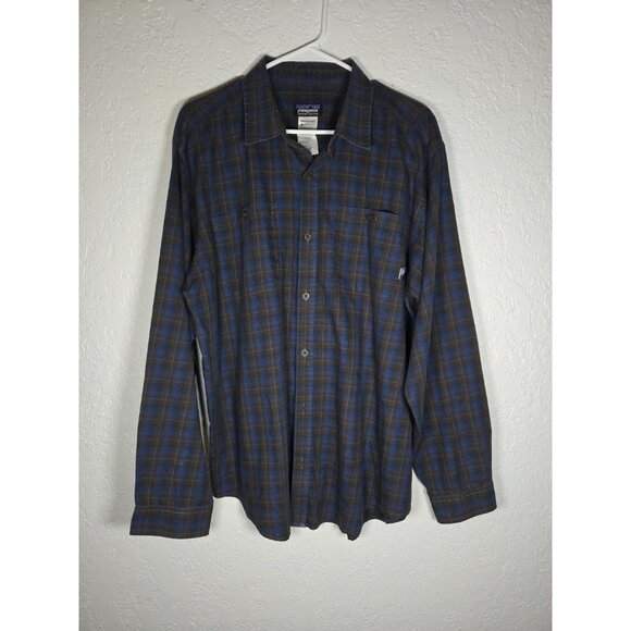 Patagonia Men Large Plaid Organic Cotton Plaid BUtton Down Blue Brown - Picture 1 of 5